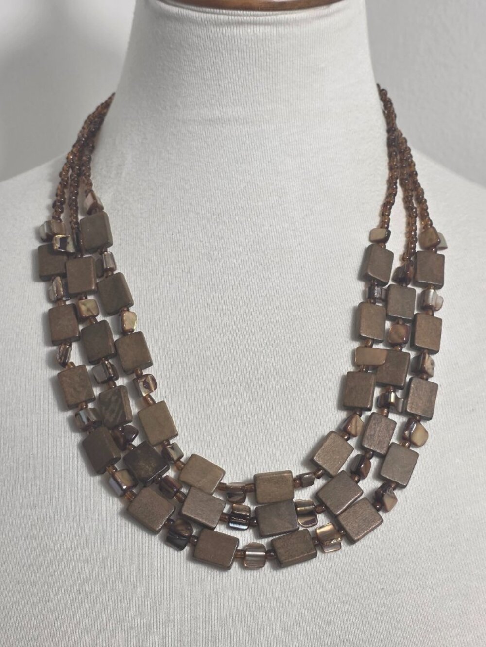 Chunky Bohemian-Style Statement Necklace Brown Square Wood Beads & Shell Beads